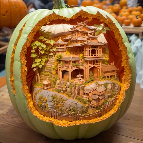 Carving a Chinese pastoral scene on a pumpkin