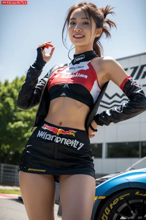 (((one shoulder gridgirl costume))),(((dynamic pose))),(((midriff peek))),(((show underboob ))),(((miniskirt lift))),(((bare inner thigh))),(((show Formula One car))),ulzzang-6500-v1.1, (Raw photo:1.2), (Photo realistic:1.4), a beautiful detailed girl, ext...