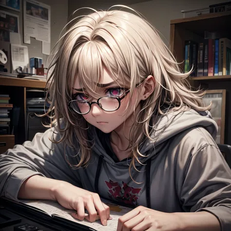 volumetric lighting, low ambient lighting, highres, masterpiece, best quality, 8k, tired, fatigued, dark circles under eyes, sad, melancholy, depressed, despair, sick, ill, jaded, detailed hair, (messy hair), (wearing glasses), long greasy hair, dirty hair...