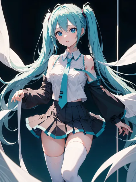 (1 girl),(high quality), (High resolution), (extremely detailed), (8K),(lower body shot),(Hatsune Miku is wearing panties under her school&#39;s translucent uniform and dark blue short pleated skirt.),(wearing black knee-high stockings)not wearing shoes,pe...