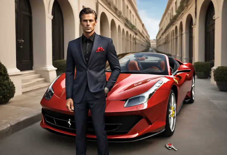 Capturez l&#39;essence du luxe et de la fierté alors qu&#39;un homme élégant affiche avec confiance la clé de son bien le plus précieux : une élégante Ferrari.. Montrez l&#39;homme debout à côté ou devant la voiture, tenant la clé dans un geste fier et élé...