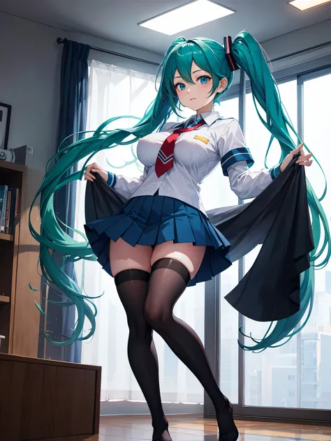 (1 girl),(high quality), (High resolution), (extremely detailed), (8K),(lower body shot),(Hatsune Miku is wearing panties under her school uniform and dark blue short pleated skirt.),(wearing black knee-high stockings)not wearing shoes,perfect writing,(Bea...