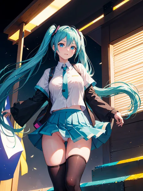 (1 girl),(high quality), (High resolution), (extremely detailed), (8K),(lower body shot),(Hatsune Miku is wearing panties under her school uniform and dark blue short pleated skirt.),(wearing black knee-high stockings)not wearing shoes,perfect writing,(Bea...