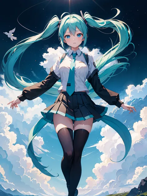 (1 girl),(high quality), (High resolution), (extremely detailed), (8K),(lower body shot),(Hatsune Miku is wearing panties under her school uniform and dark blue short pleated skirt.),(wearing black knee-high stockings)not wearing shoes,perfect writing,(Bea...