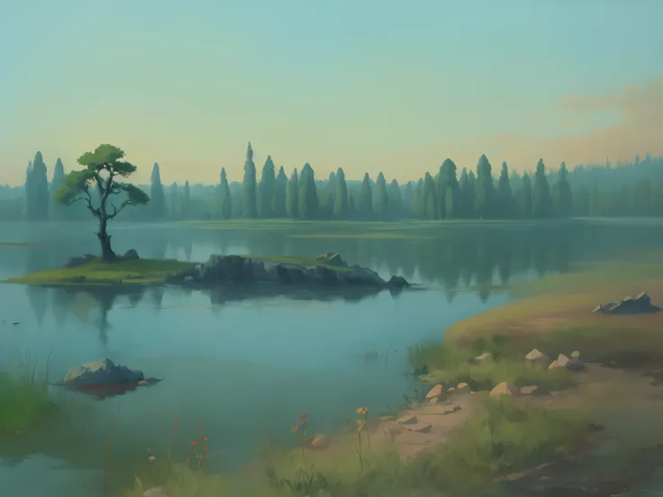 painting of a lake with a tree and stone in the foreground, Painted landscape, background image, landscape illustration, Digital painting, Detailed lake in the background, Gouache matte painting, Swamp landscape, digital landscape art, A small lake, Nature...