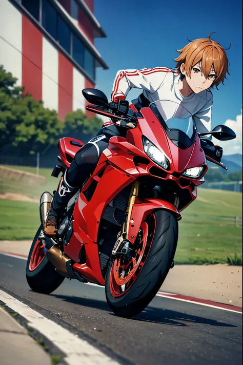 masutepiece:1.2, Best Quality, ((ultra-detailliert)), High resolution, 2D, Anime style , Boy, use a ducati