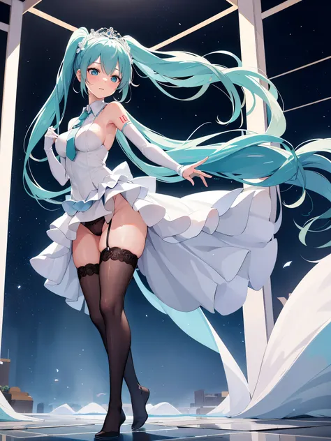 (1 girl),(high quality), (High resolution), (extremely detailed), (8K),(lower body shot),(Hatsune Miku wears panties under her transparent wedding dress),(wearing black knee-high stockings)not wearing shoes,perfect writing,(Beautifully erect nipple shape:1...