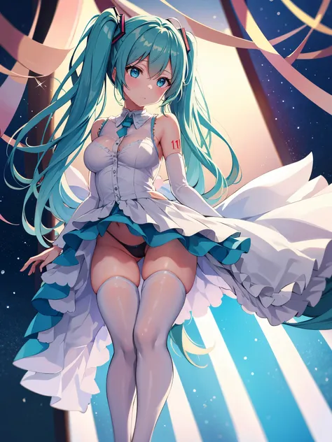 (1 girl),(high quality), (High resolution), (extremely detailed), (8K),(lower body shot),(Hatsune Miku wears panties under her transparent wedding dress),(wearing black knee-high stockings)not wearing shoes,perfect writing,(Beautifully erect nipple shape:1...