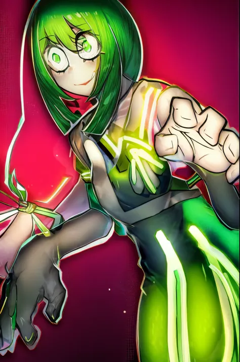 there  a drawing of a woman in a green dress, fighting pose, anime pose, in anime style, in an anime style, anime moe artstyle, ...