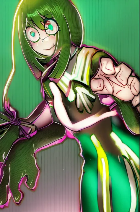 there  a drawing of a woman in a green dress, fighting pose, anime pose, in anime style, in an anime style, anime moe artstyle, ...