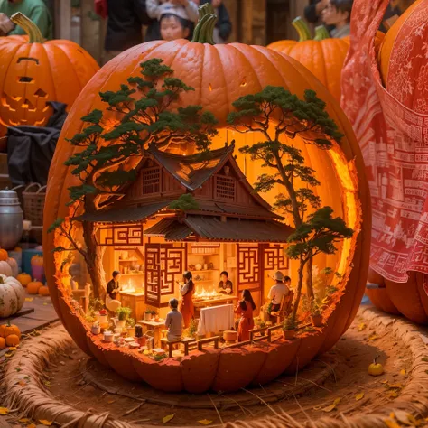 Carving a Chinese rural scene on a pumpkin