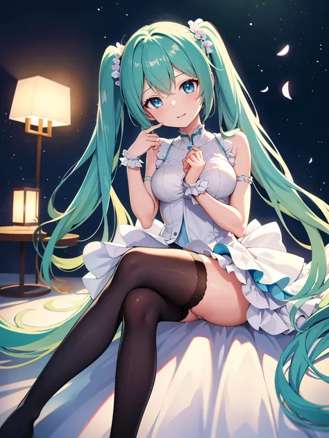 (1 girl),(high quality), (High resolution), (extremely detailed), (8K),(lower body shot),(Hatsune Miku wears panties under her transparent wedding dress),(wearing black knee-high stockings)not wearing shoes,perfect writing,(Beautifully erect nipple shape:1...