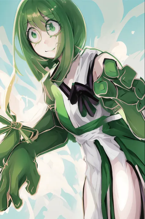 there is a drawing of a woman in a green dress, fighting pose, anime pose, anime style, anime style, anime Mo artstyle, Very anime style, with index finger, people shaded!!!, inspired by Jin Homura, fighting pose, in japanese anime style, inspired by Rei K...