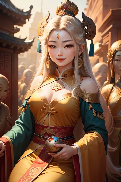 Ancient Chinese animation, 8k, exquisite details, high-definition quality, Guanyin Bodhisattva sect Buddhist disciples, smiling, kind and benevolent