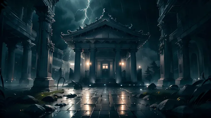 (ultra-detailed,night,storm,heavy rain,realistic) white Greek temple under a torrential downpour. (bokeh,studio lighting,vivid colors) the temple appears ethereal, with raindrops glistening on the white exterior. (lightning,foreboding) Lightning streaks ac...