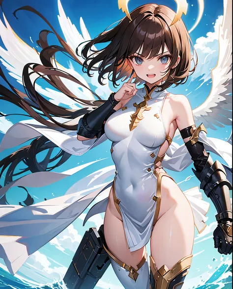 fantasy, 1angel_girl,child, loli,brown_hair, medium_bob_hair, long_bangs, halo,bare_shoulder,thighhighs,silver_armor, waist_armor, large_breasts,angry,grinning,open_mouth_teeth, 1pair_wings, dynamic_pose_fighting,floating, bare_crotch, headgear,gauntlet, g...