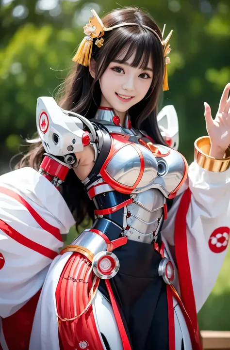 サイバネティックアームと輝くロボットCyber Girl,(Transparent white shrine maiden costume:1.4, ),(Cyber Girl, White mechanical robot with red border:1.3), (Robot shining behind:1.3),Glossy light brown and orange striped shorthair,cute smile,perfect round face,A cheerful smile...