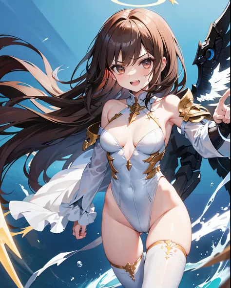 fantasy, 1angel_girl,child, loli,brown_hair, medium_bob_hair, long_bangs, halo,bare_shoulder,thighhighs,silver_armor, waist_armor, large_breasts,angry,grinning,open_mouth_teeth, 1pair_wings, dynamic_pose_fighting,floating, bare_crotch, headgear,gauntlet, g...