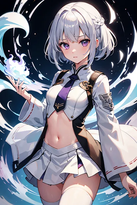 White combat uniform、bleed、injury、背景にRemains、Burning flame、Viewer-facing、have、short skirt、silver hair、purple eyes、white long boots、Remains、mini skirt、cute anime face、silver hair、Navel exposed、Are standing、anime、and