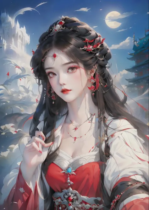 a close up of a woman with long hair wearing a red dress, beautiful fantasy queen, ((A beautiful fantasy domineering character painting, palace ， A girl wearing Hanfu, Beautiful fantasy anime, anime goddess, Beautiful charming anime woman, Inspired by Du Q...