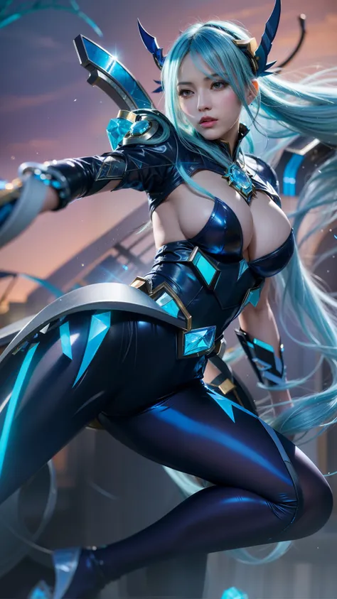 a close up of a woman in a black and blue outfit, irelia, irelia from league of legends, inspired by Leng Mei, orianna, crystalline skin, cyborg goddess in cosmos, extremely detailed artgerm, league of legends character, qiyana, sigma female, kda, style le...