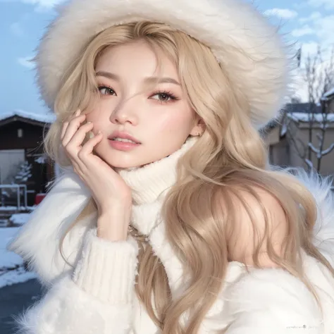 araffe woman with long blond hair wearing a white fur hat, parque roseanne de blackpink, Ulzzang, Lalisa Manobal, sakimichan, portrait of japanese gyaru, linda mulher sul-coreana, Lalisa Manoban do Blackpink, cabelo muito comprido cor de neve, linda jovem ...