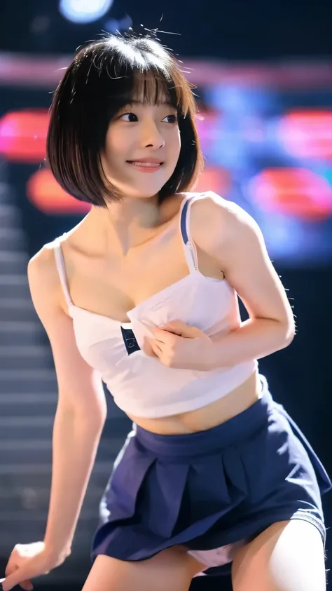 Japanese、11 years old、beautiful girl、petite、Short hair、bob hair、thick physique、idol singer、cute expression、my chest is very big、Emphasis on the chest、bust is very big、Bra exposed、sexy costume、Small clothes that show the shape of your nipples、very short ski...