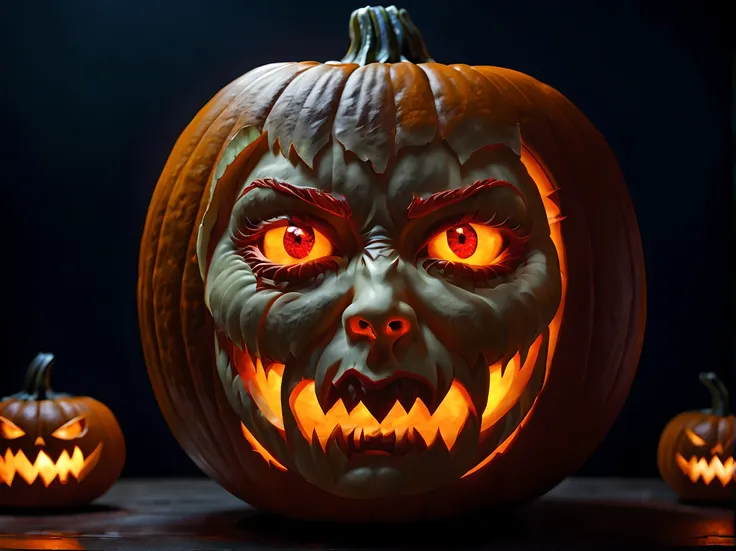 Pumpkin carved art of female vampire carved from pumpkin, glowing red eyes, reflection light, high details, best quality, 16k, [ultra detailed], masterpiece, best quality, (extremely detailed), close up, ultra wide shot, photorealistic, RAW, fantasy art, d...