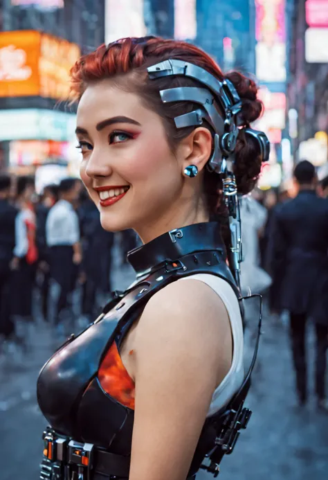 masterpiece, best quality, ((smiling)) cyberpunk girls standing, profile view, having grey and white uniform and black long skirt, Harajuku-inspired cyberpunk body harness, bold colors and patterns, eye-catching accessories, trendy and innovative hairstyle...