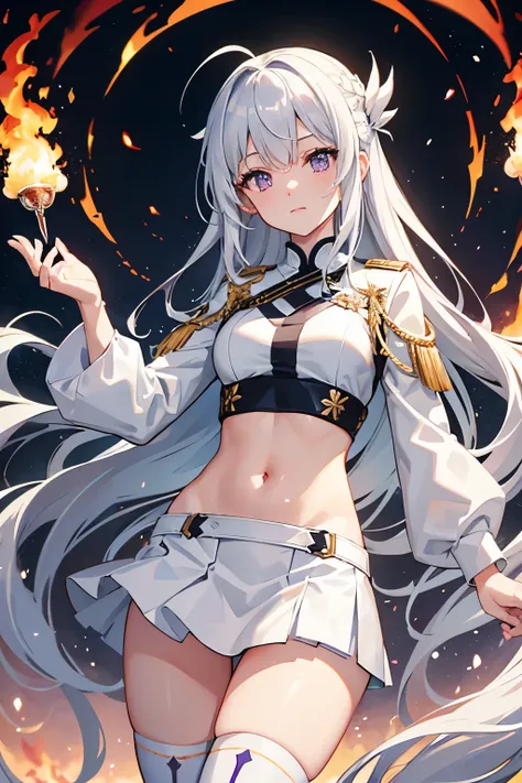 White combat uniform、背景にRemains、Burning flame、Viewer-facing、have、short skirt、long silver hair、purple eyes、white long boots、Remains、mini skirt、cute anime face、silver hair、Navel exposed、Are standing