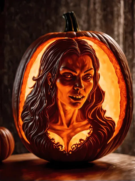 Pumpkin carved art of female vampire carved from pumpkin reflection light, high details, best quality, 16k, [ultra detailed], masterpiece, best quality, (extremely detailed), close up, ultra wide shot, photorealistic, RAW, fantasy art, dnd art, fantasy art...