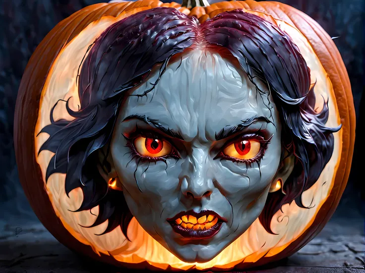 Pumpkin carved art of female vampire carved from pumpkin, GLOWING STYLE glowing red eyes, reflection light, high details, best quality, 16k, [ultra detailed], masterpiece, best quality, (extremely detailed), close up, ultra wide shot, photorealistic, RAW, ...