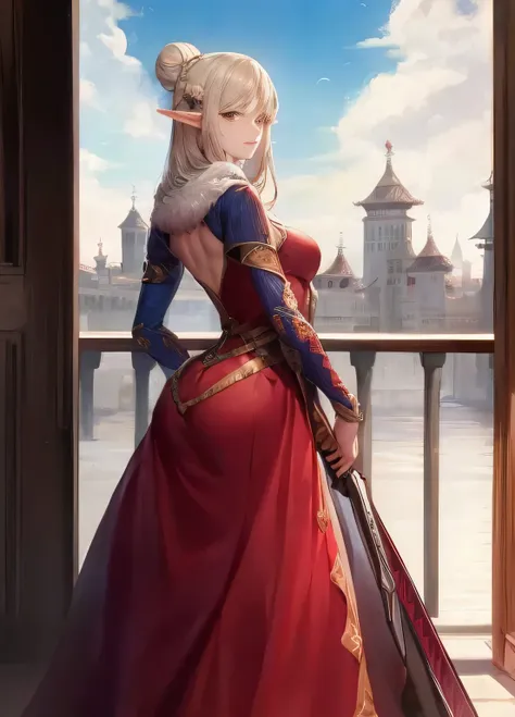 dnd high elf woman, queen dress, longsword, ,hair-bun,palaces,view the viewer(masterpiece, best quality:1.2)