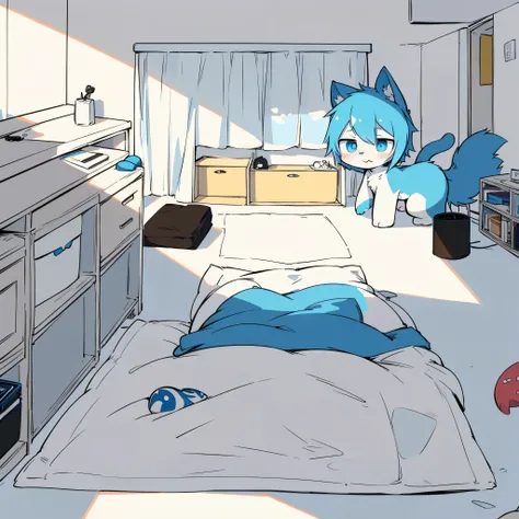 white male cat、Fury、sky blue eyelack round frame eyes、A white room、Blue bed、 toys on the floor、、huge、Cute anime comic style、and its detailed personal room