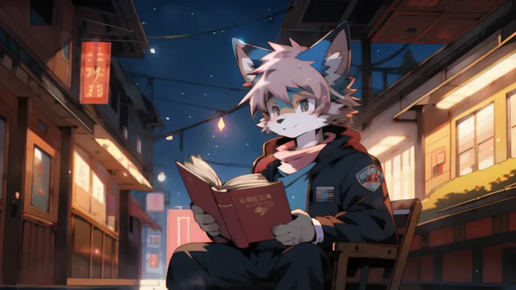 anime character sitting on a chair reading a book in a city, from cryptid academia, reading a book, anime cat, furry anime, fursona wearing stylish clothes, in an anime style, reading new book, anime moe artstyle, in anime style, fursona furry art commissi...