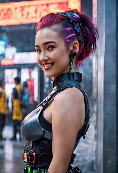 masterpiece, best quality, ((smiling)) cyberpunk girls standing, side view, having grey uniform and black long skirt, Harajuku-inspired cyberpunk body harness, bold colors and patterns, eye-catching accessories, trendy and innovative hairstyle, dazzling Cy...