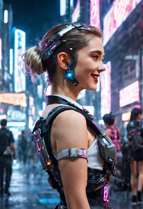 masterpiece, best quality, ((smiling)) cyberpunk girls standing, profile view, having grey and white uniform and black long skirt, Harajuku-inspired cyberpunk body harness, bold colors and patterns, eye-catching accessories, trendy and innovative hairstyle...