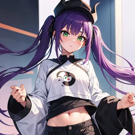 masterpiece, best quality, ultra detailed,holo live,tokoyami towa,purple hair,twintails,green eyes,long hair,demon tailwhitejacket,black shorts,black cap,navel