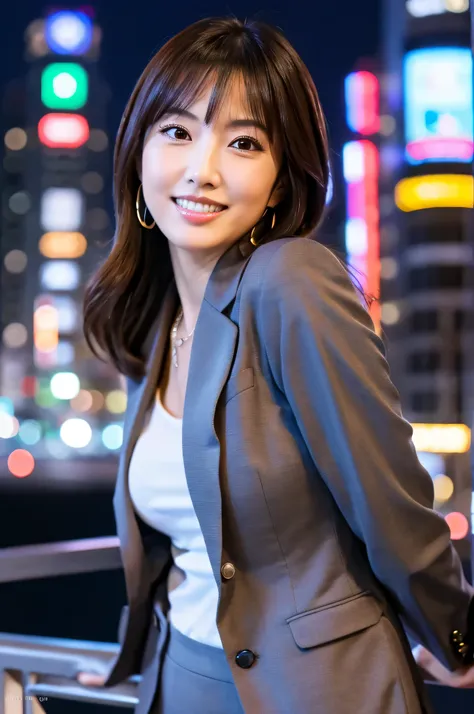 highest resolution, 4K, masterpiece: 1.3), japanese mature, sexy: 1.1, fine eyes, slender body shape, realistic teeth, double eyelid, whole body, highest quality, be familiar with, business suit, In the city, night