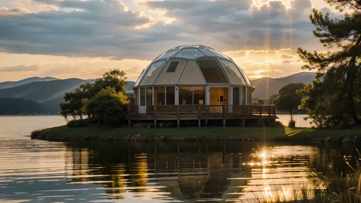 Nature view, Clear dome house next to the lake, warm, Soft sunlight breaks through the clouds in many streaks of golden light., The light hits the lake and reflects off small waves., The wind blows softly and comfortably.