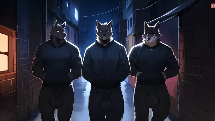 By bebebebebe, by lostgoose, by goonie-san, groups of muscular wolves, black fur, big balls, hard veiny cocks, smirking, evil expression, rape face, facing viewer, walking towards viewer, (alleyway, night time, dramatic lighting)