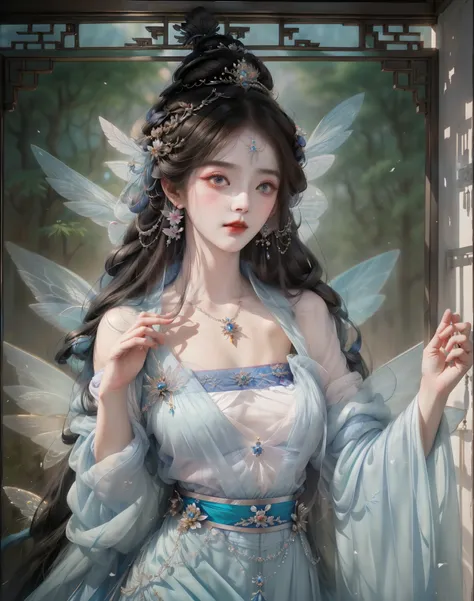 franco-german image of a woman in a blue dress, beautiful fantasy queen, palace ， a girl wearing hanfu, ((beautiful fantasy empe...