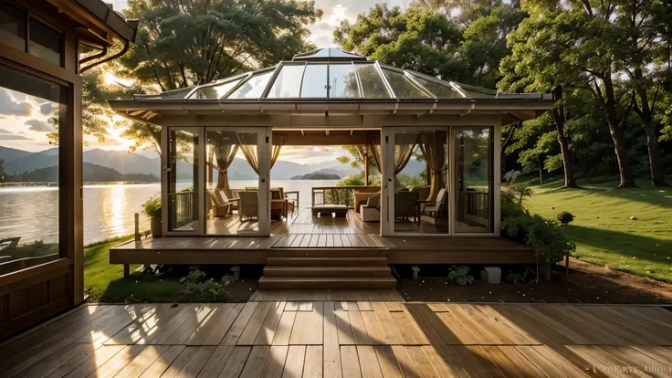 Nature view, Clear dome house next to the lake, warm, Soft sunlight breaks through the clouds in many streaks of golden light., The light hits the lake and reflects off small waves., The wind blows softly and comfortably. , There are a few fruits and veget...