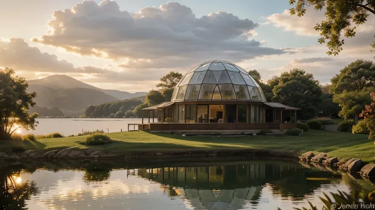 Nature view, Clear dome house next to the lake, warm, Soft sunlight breaks through the clouds in many streaks of golden light., The light hits the lake and reflects off small waves., The wind blows softly and comfortably. , There are a few fruits and veget...