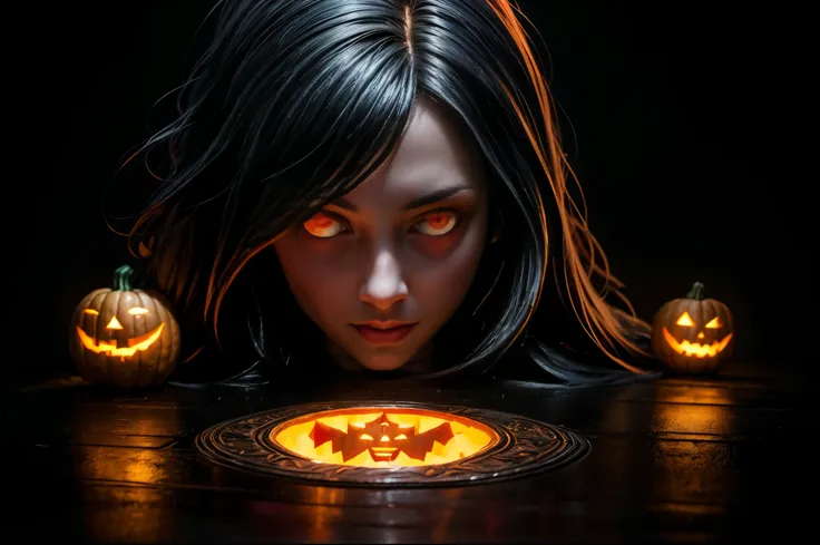 Pumpkin carved art of female vampire carved from pumpkin, glowing red eyes, reflection light, high details, best quality, 16k, [ultra detailed], masterpiece, best quality, (extremely detailed), close up, ultra wide shot, photorealistic, RAW, fantasy art, d...