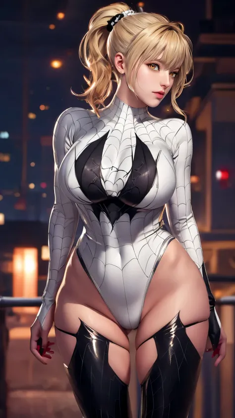 （（（blonde hair, Bangs, hair accessories, ponytail, yellow eyes,  orange eyes,  hair between eyes,（（（Denia，spider man，spider man服装，spider tights ））），（（（wide hips））），S-shaped body:1.7））），((masterpiece)),high resolution, ((Best quality at best))，masterpiece，q...