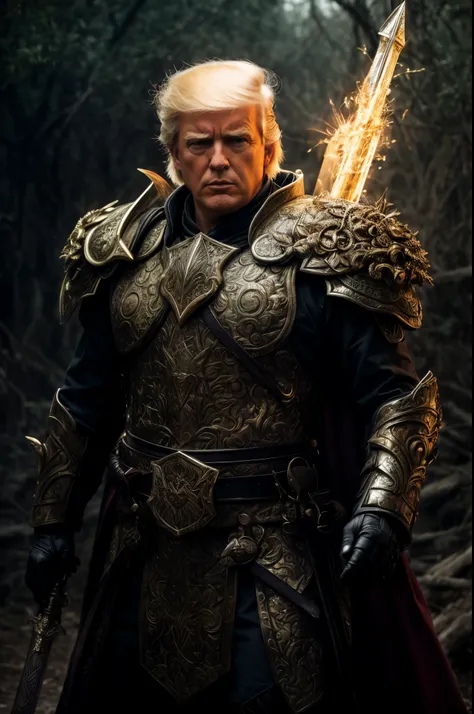 Donald Trump in armor holding a sword in a forest, picture of an  male warrior, as a medieval fantasy character, attractive male with armor, still from a fantasy movie, fantasy warrior in full armor, arsen lupin as a paladin, fantasy character photo, hold ...