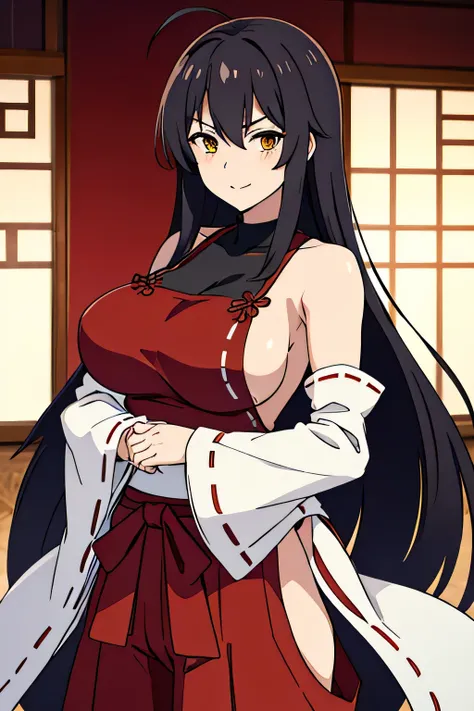 SENDAI HAKUREI NO MIKO, 1GIRL, SIDEBOOB, RED HAKAMA, SOLO, LEOTARD UNDER CLOTHES, BLACK LEOTARD, JAPANESE CLOTHES, NONTRADITIONAL MIKO, BLACK HAIR, HAKAMA PANTS, YELLOW EYES, LARGE BREASTS, DETACHED SLEEVES, HUGE AHOGE, VERY LONG HAIR, TONED, HIP VENT, RED...