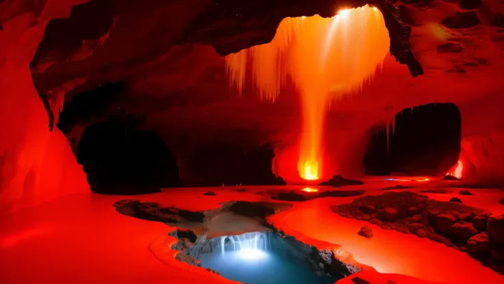 there  a cave with a waterfall and a stream of water, red glowing streams of lava, glowing pools of lava, cave reflecting in the lava lake, lava river, magical cave, red lava rivers, streams of glowing hot lava, inside an enormous vast cave, mythical gigan...