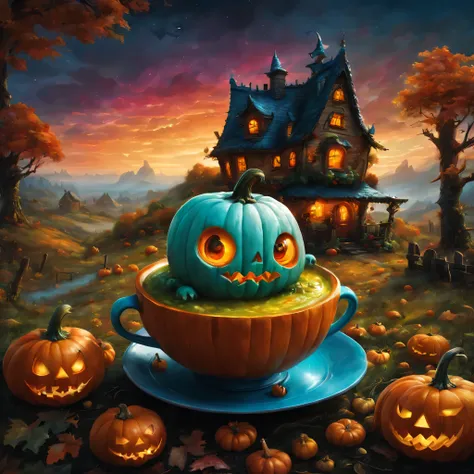 colorful soup monster,(Carved pumpkin), artistically expressed, stylish alexander jansson, amazingly beautiful work, Landscape characters and elements fit perfectly within the image frame, Detailed realization, Definition High Quality, expressive face, cle...